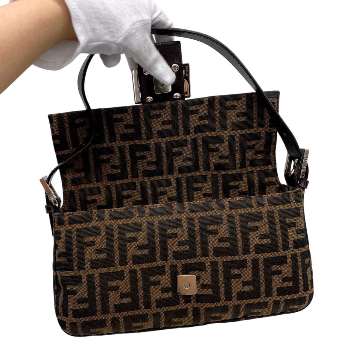 FENDI Classic Mamma Baguette Zucca Canvas Leather Shoulder Flap Bag Medium Brown Silver