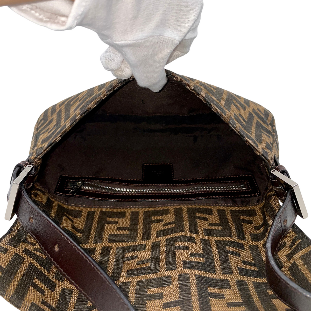 FENDI Classic Mamma Baguette Zucca Canvas Leather Shoulder Flap Bag Medium Brown Silver