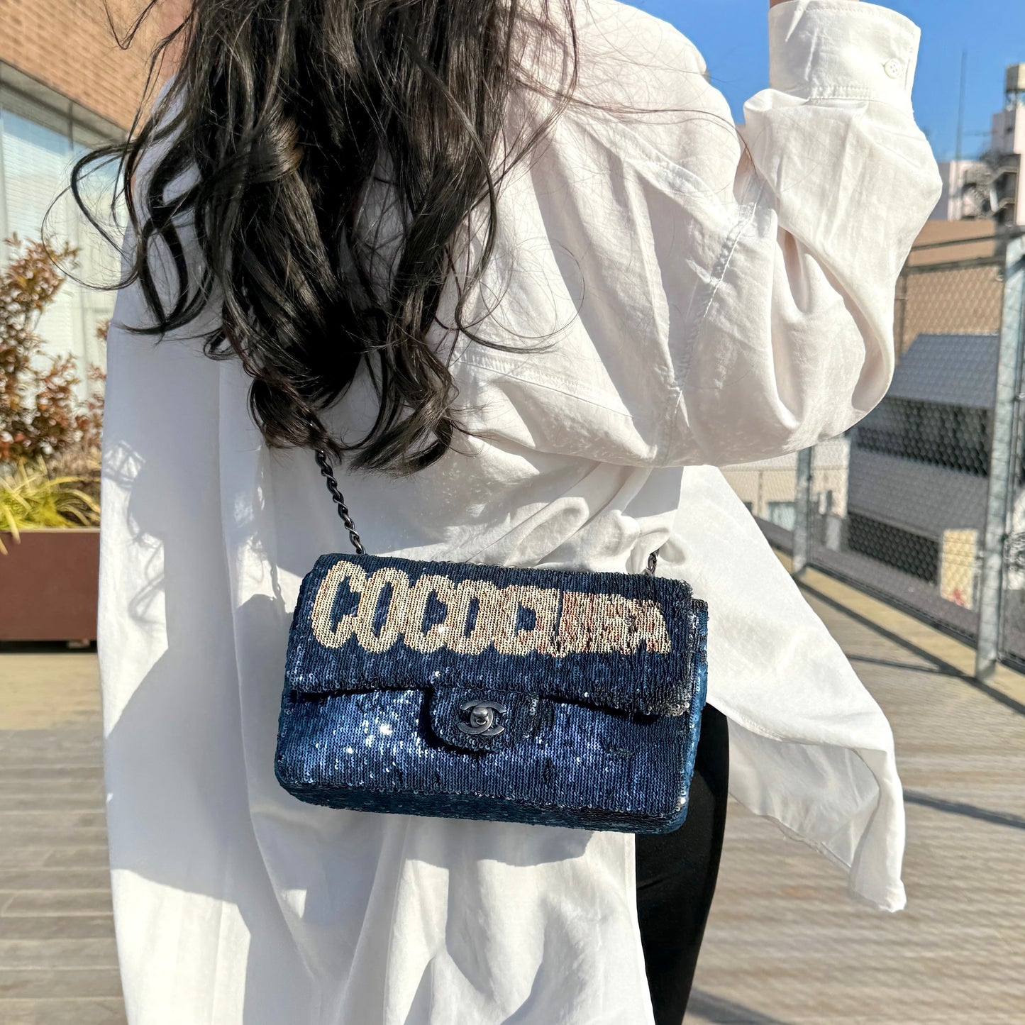 RARE★★★★★CHANEL 2016 Cruise 2016/17 COCOCUBA Sequin Double Chain Single Flap Shoulder Bag Medium Navy & Silver