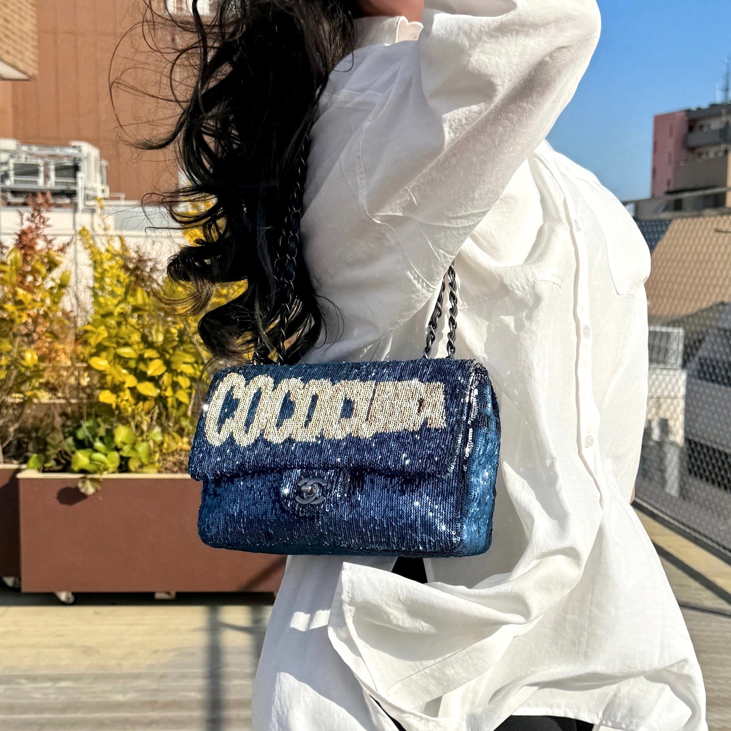 RARE★★★★★CHANEL 2016 Cruise 2016/17 COCOCUBA Sequin Double Chain Single Flap Shoulder Bag Medium Navy & Silver
