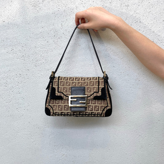 RARE☆☆☆☆FENDI Velvet Zucchino Canvas Mini Mamma Baguette Shoulder Bag Brown &amp; Gold