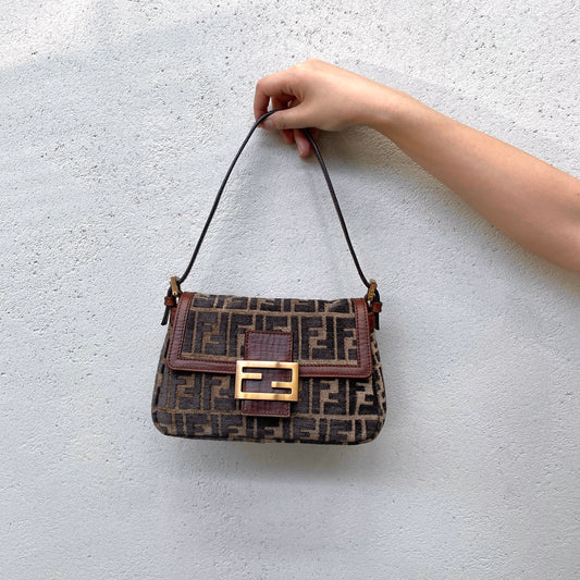 RARE☆☆☆☆FENDI Velvet Zucca Mini Mamma Baguette Shoulder Bag Brown &amp; Gold