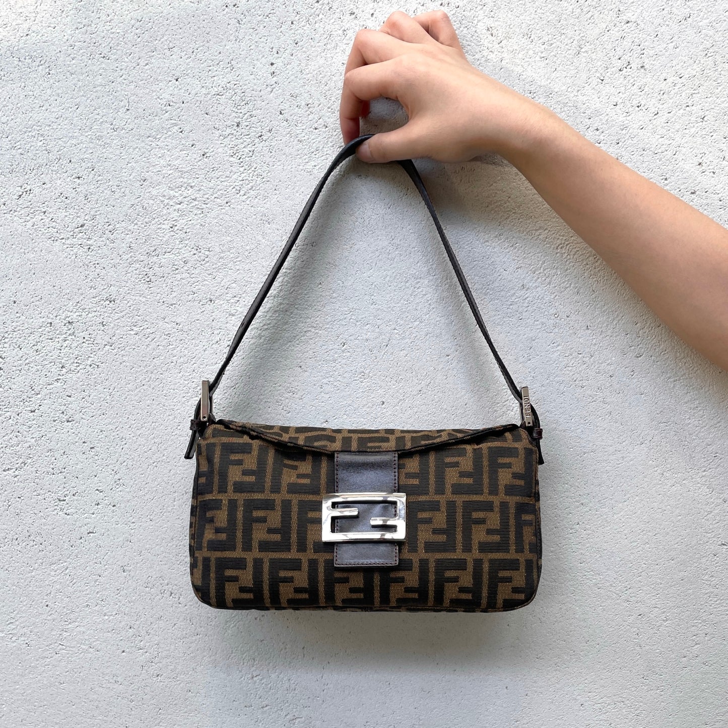FENDI Zucca Double Round Flap Mamma Baguette Shoulder Bag PM Brown &amp; Silver