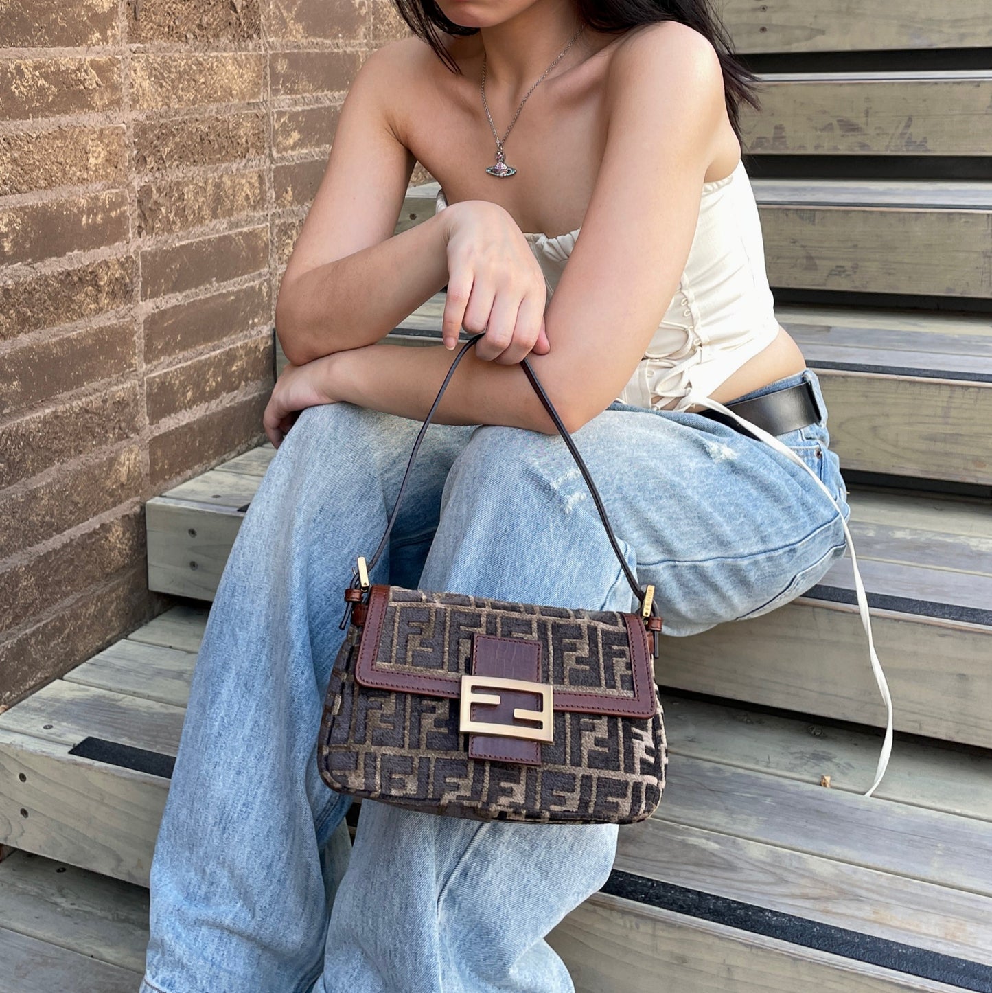 RARE☆☆☆☆FENDI Velvet Zucca Mini Mamma Baguette Shoulder Bag Brown &amp; Gold