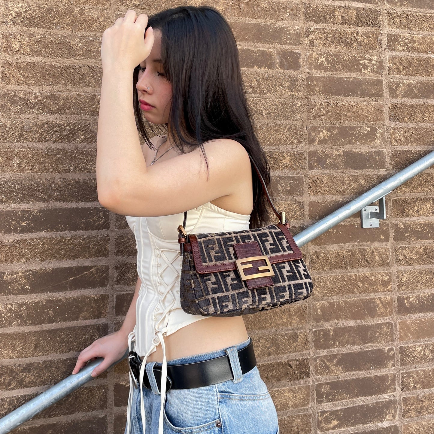 RARE☆☆☆☆FENDI Velvet Zucca Mini Mamma Baguette Shoulder Bag Brown &amp; Gold