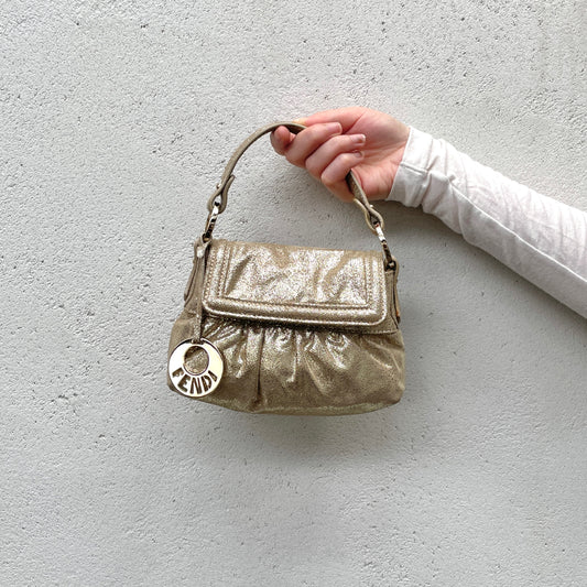 RARE☆☆☆☆FENDI Iridescent Calfskin Mini Baguette Chef Style Hand Bag Gold