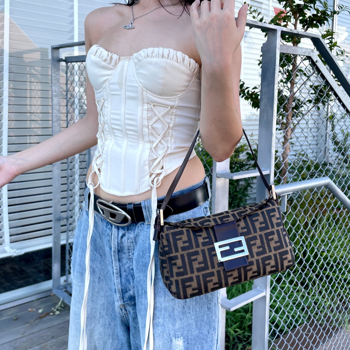 FENDI Zucca Double Round Flap Mamma Baguette Shoulder Bag PM Brown &amp; Silver