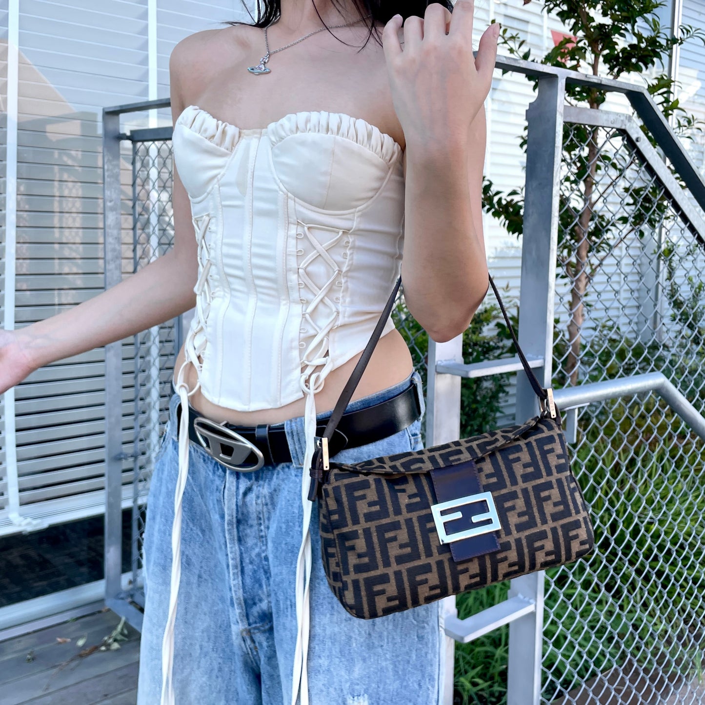 FENDI Zucca Canvas Double Round Flap Mamma Baguette Shoulder Bag PM Brown & Silver