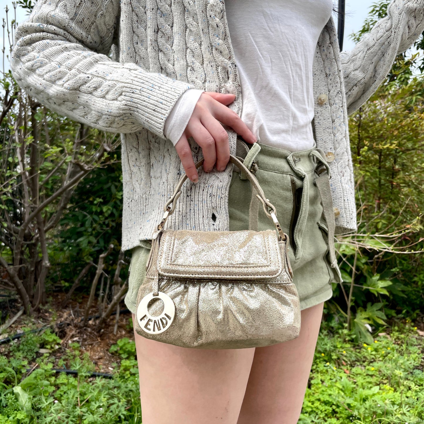 RARE☆☆☆☆FENDI Iridescent Calfskin Mini Baguette Chef Style Hand Bag Gold