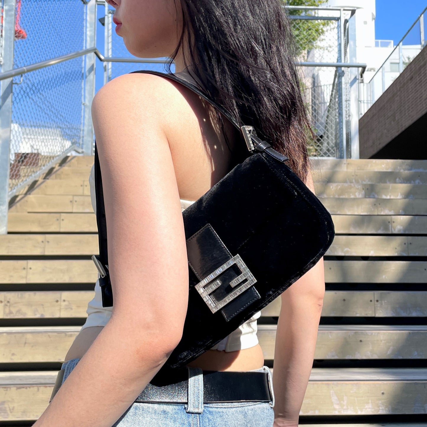 RARE☆☆☆☆FENDI Velvet Rhinestone Logo Hard Wear Mamma Baguette PM Shoulder Bag Black &amp; Silver