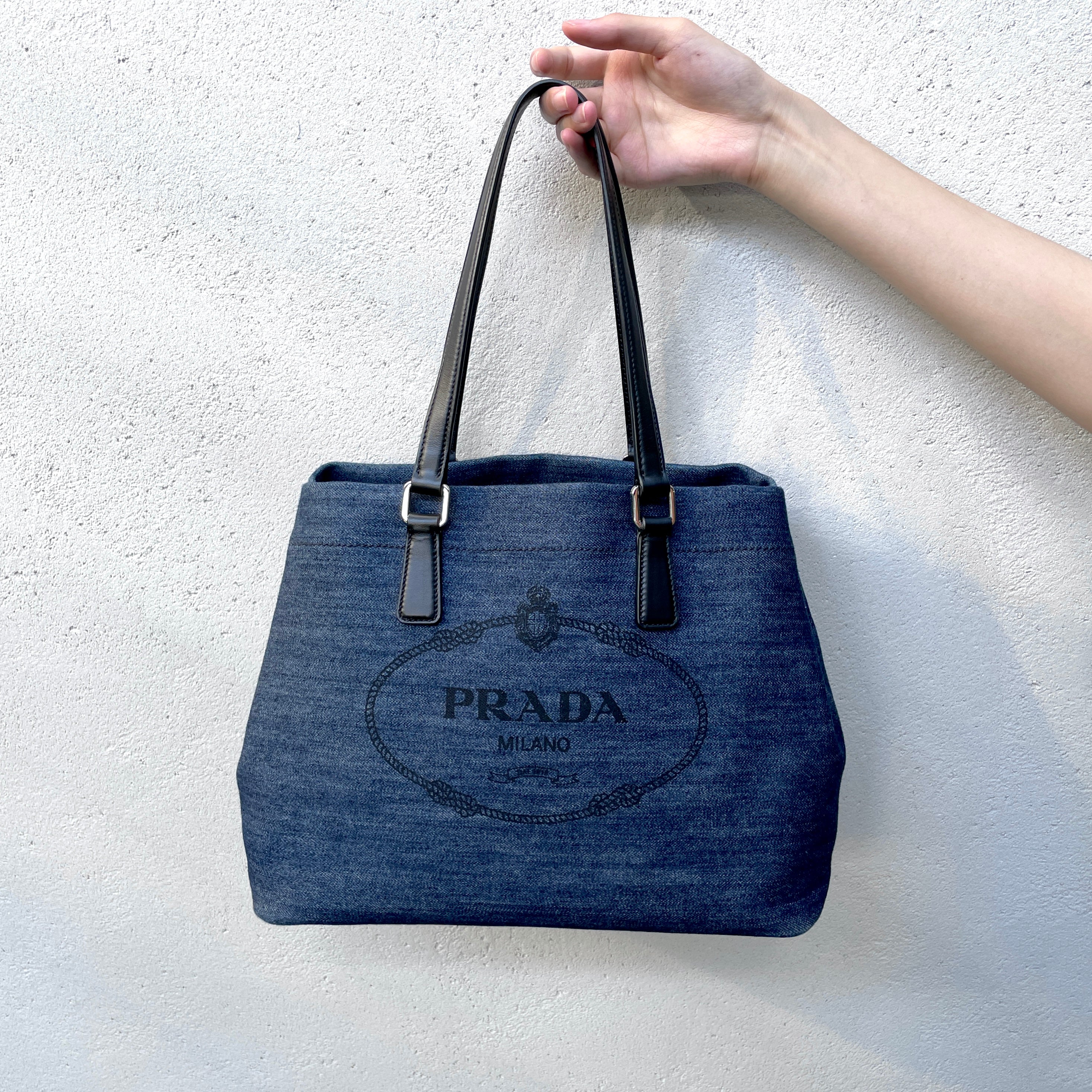 Prada canapa denim discount tote