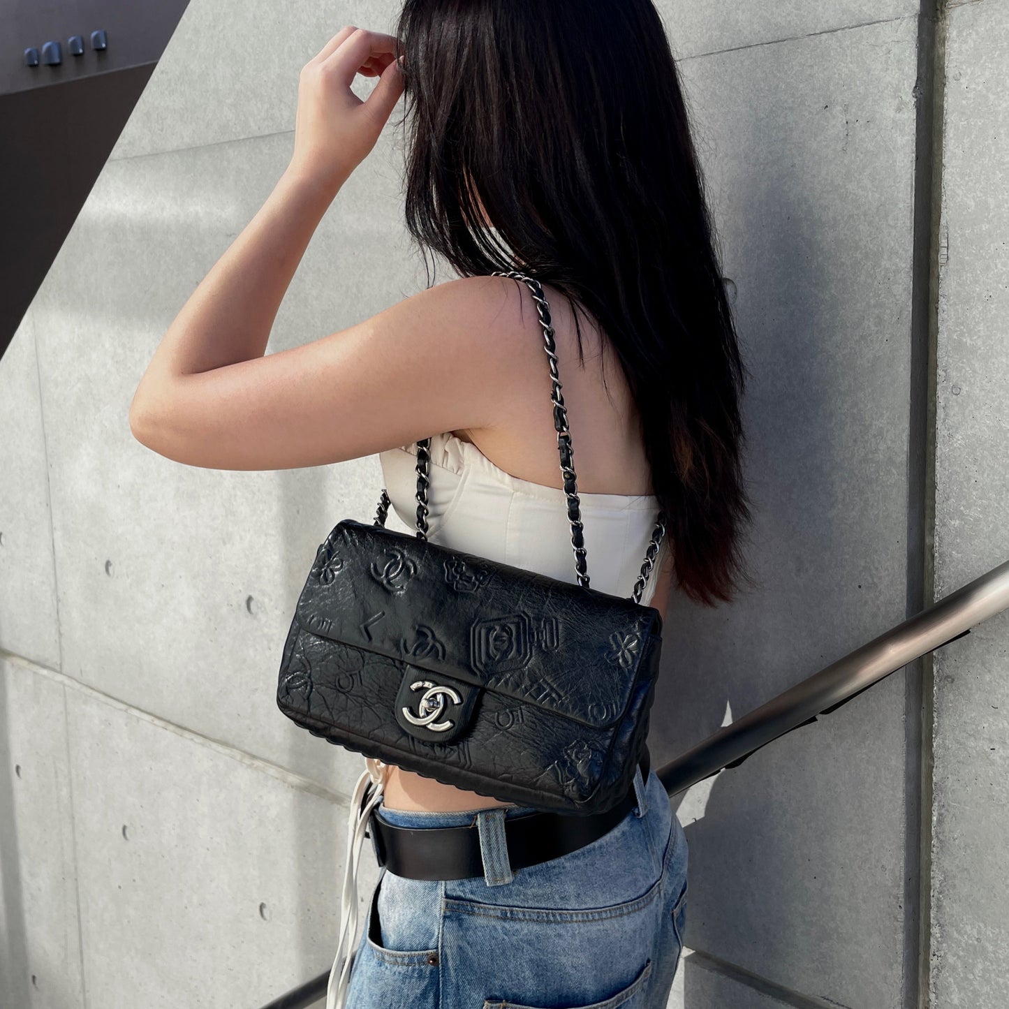 RARE☆☆☆☆☆CHANEL 2014 Icons Double Chain Shoulder Single Flap Bag Black &amp; Silver #