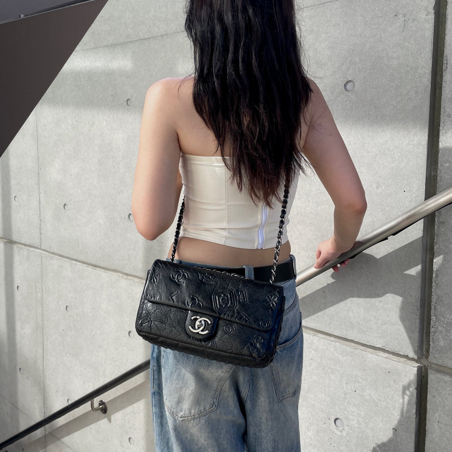 RARE☆☆☆☆☆CHANEL 2014 Icons Double Chain Shoulder Single Flap Bag Black &amp; Silver #