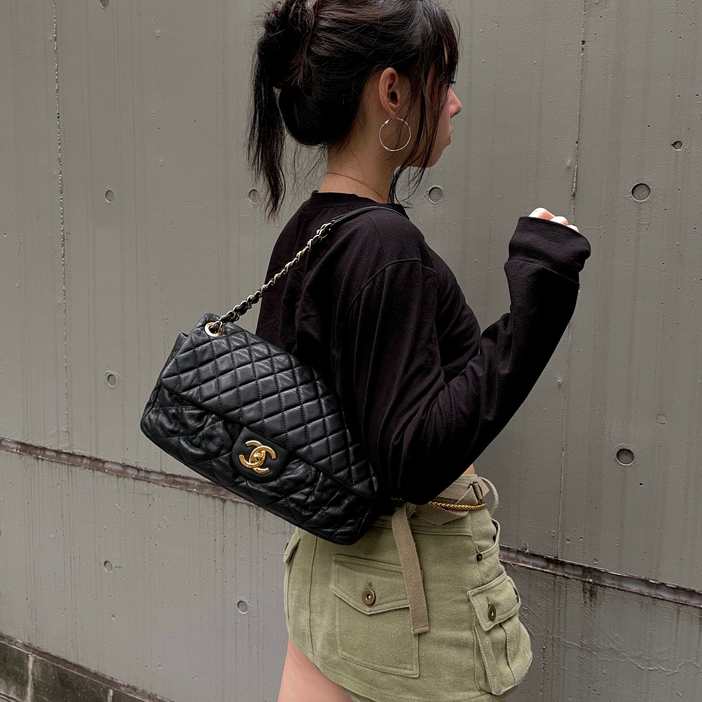 RARE☆☆☆CHANEL Matelassé CC LOGO Double Chain Single Flap Bag Black &amp; Gold