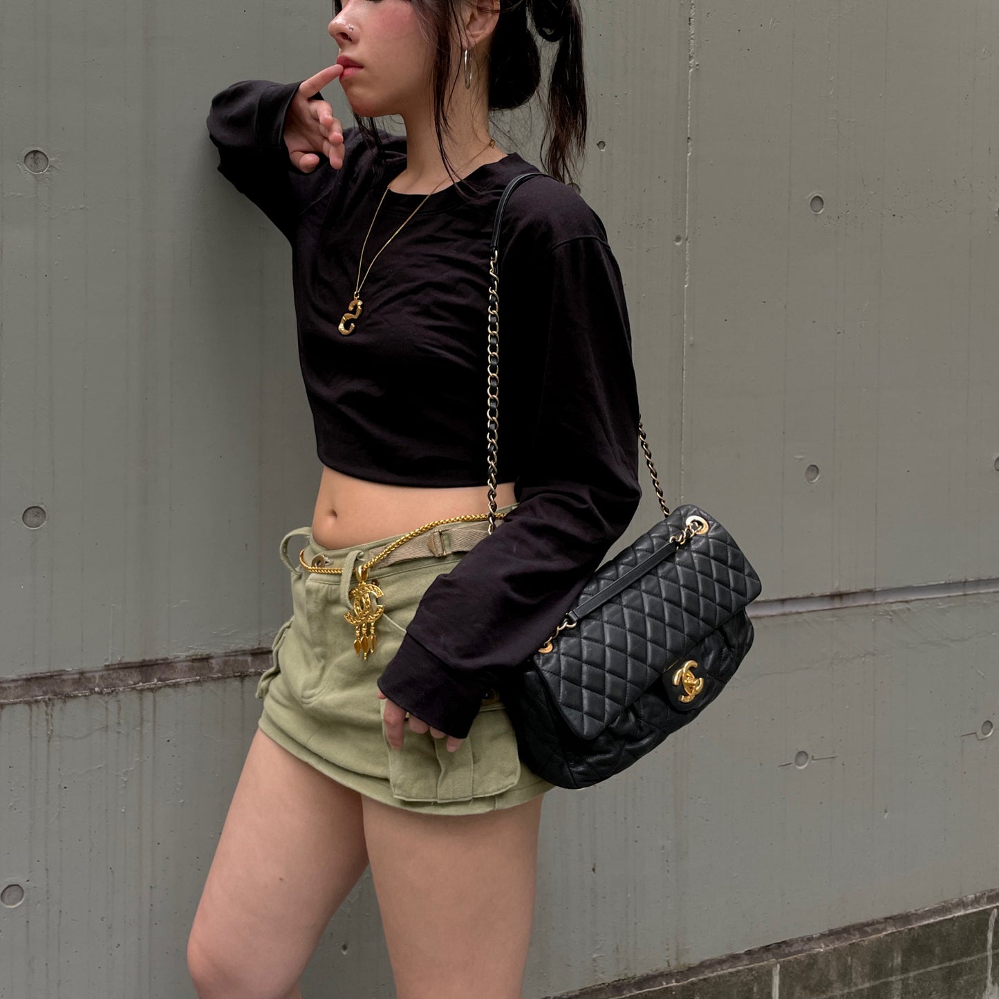 RARE☆☆☆CHANEL Matelassé CC LOGO Double Chain Single Flap Bag Black &amp; Gold