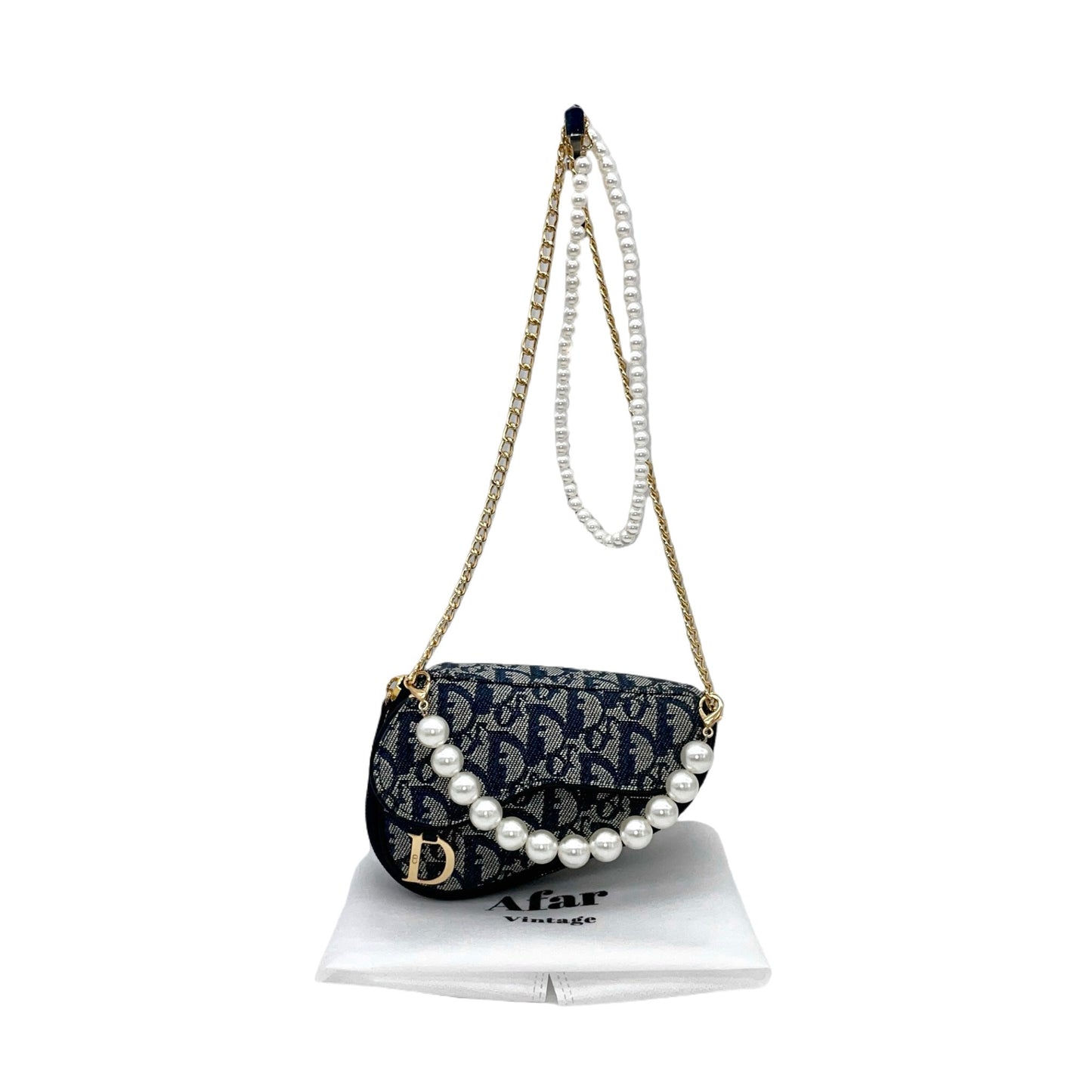 CHRISTIAN DIOR 2000 Trotter Canvas D Logo Pendant Mini Saddle Pouch Navy & Gold