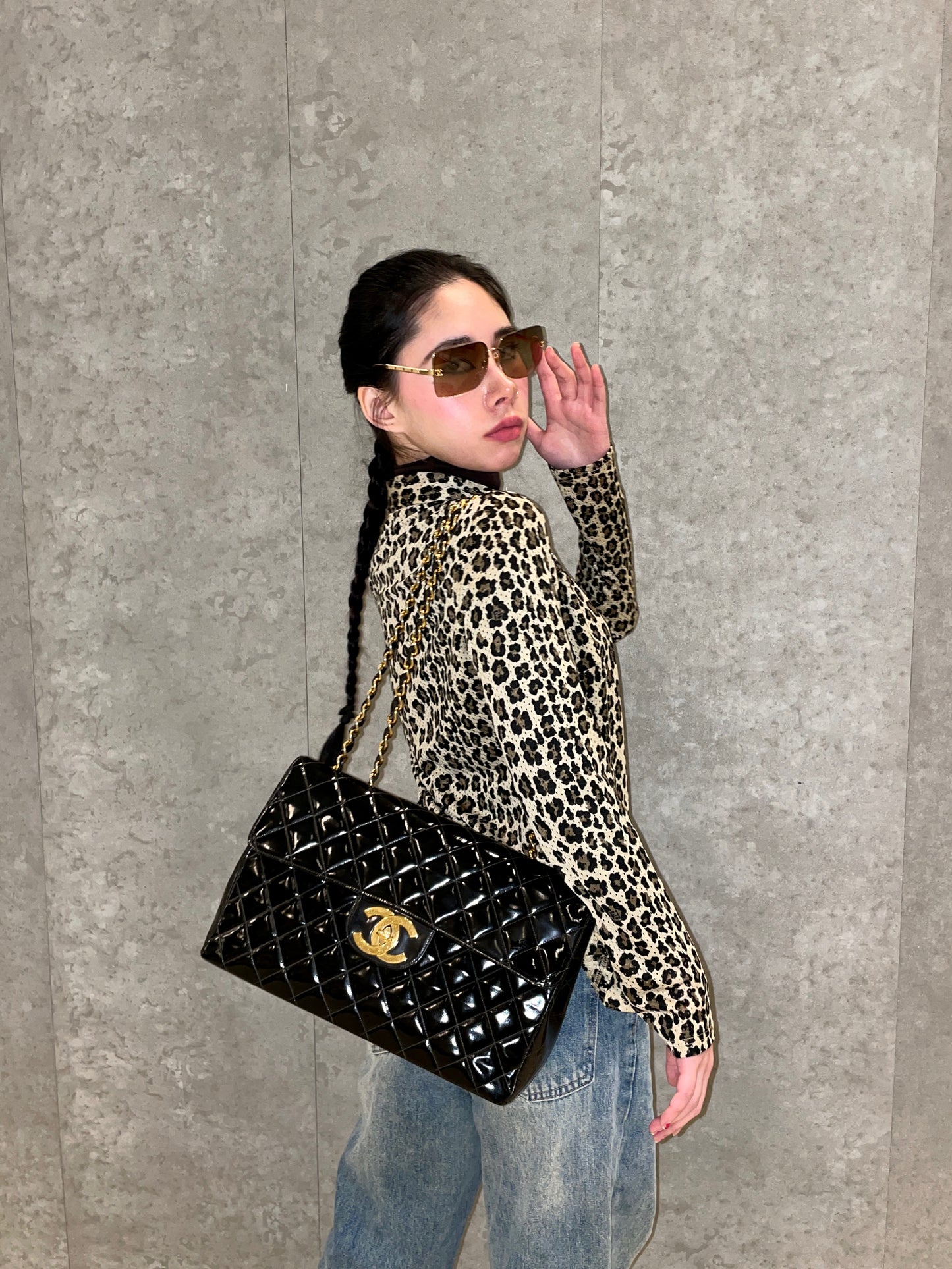 RARE☆☆☆CHANEL Enamel Matelassé Jumbo CC LOGO Double Chain Shoulder Single Flap Bag Black & Gold