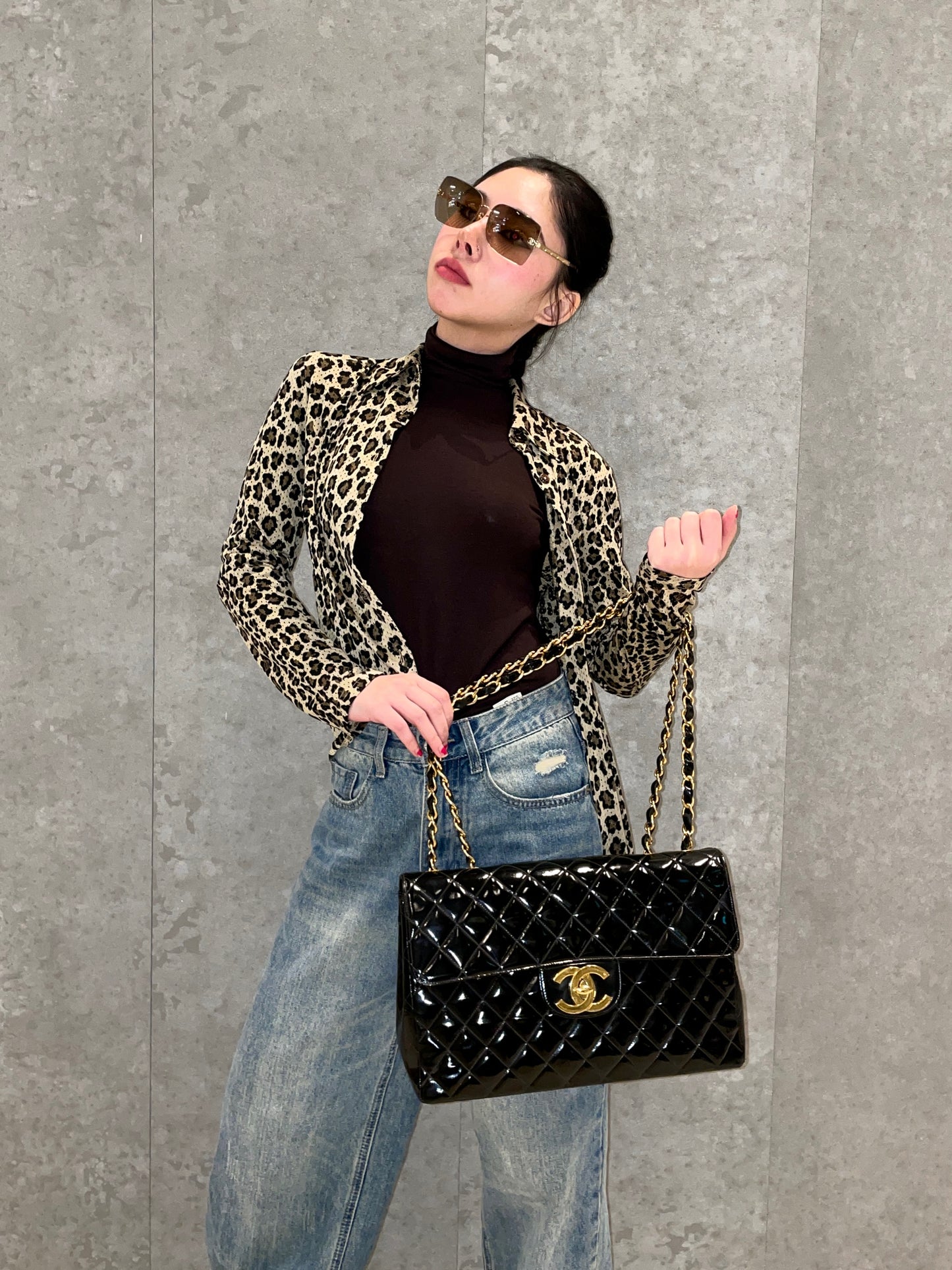 RARE☆☆☆CHANEL Enamel Matelassé Jumbo CC LOGO Double Chain Shoulder Single Flap Bag Black & Gold