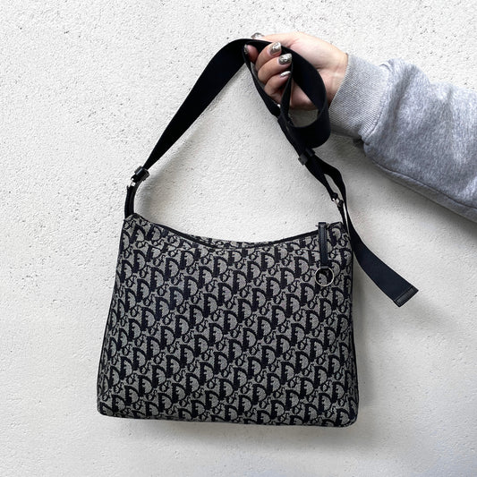 CHRISTIAN DIOR Trotter Canvas Hobo Crossbody Shoulder Bag Black & Gray