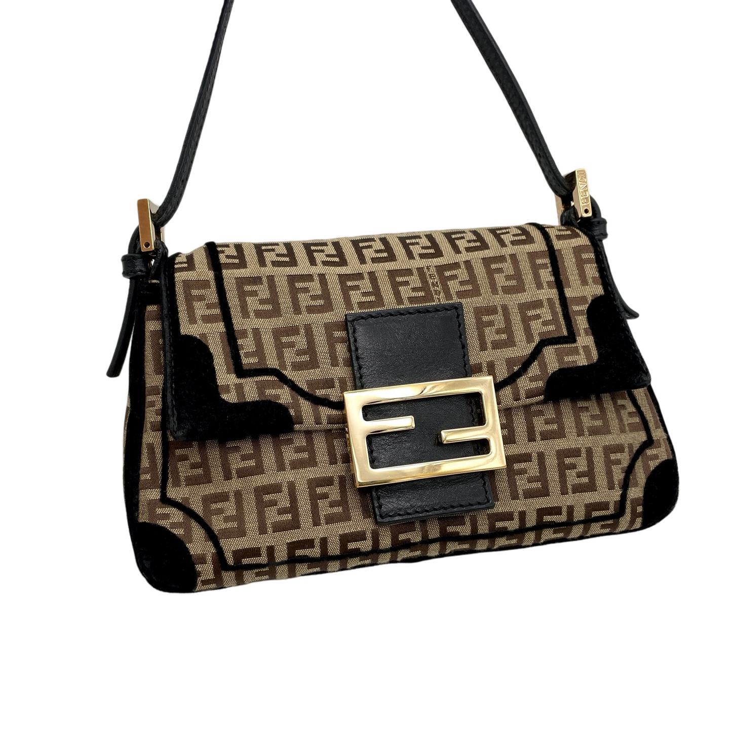RARE☆☆☆☆FENDI Velvet Zucchino Canvas Mini Mamma Baguette Shoulder Bag Brown &amp; Gold