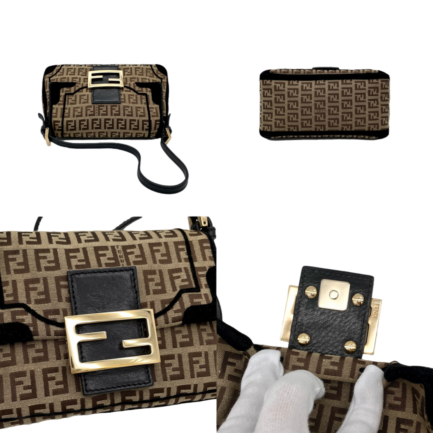 RARE☆☆☆☆FENDI Velvet Zucchino Canvas Mini Mamma Baguette Shoulder Bag Brown &amp; Gold