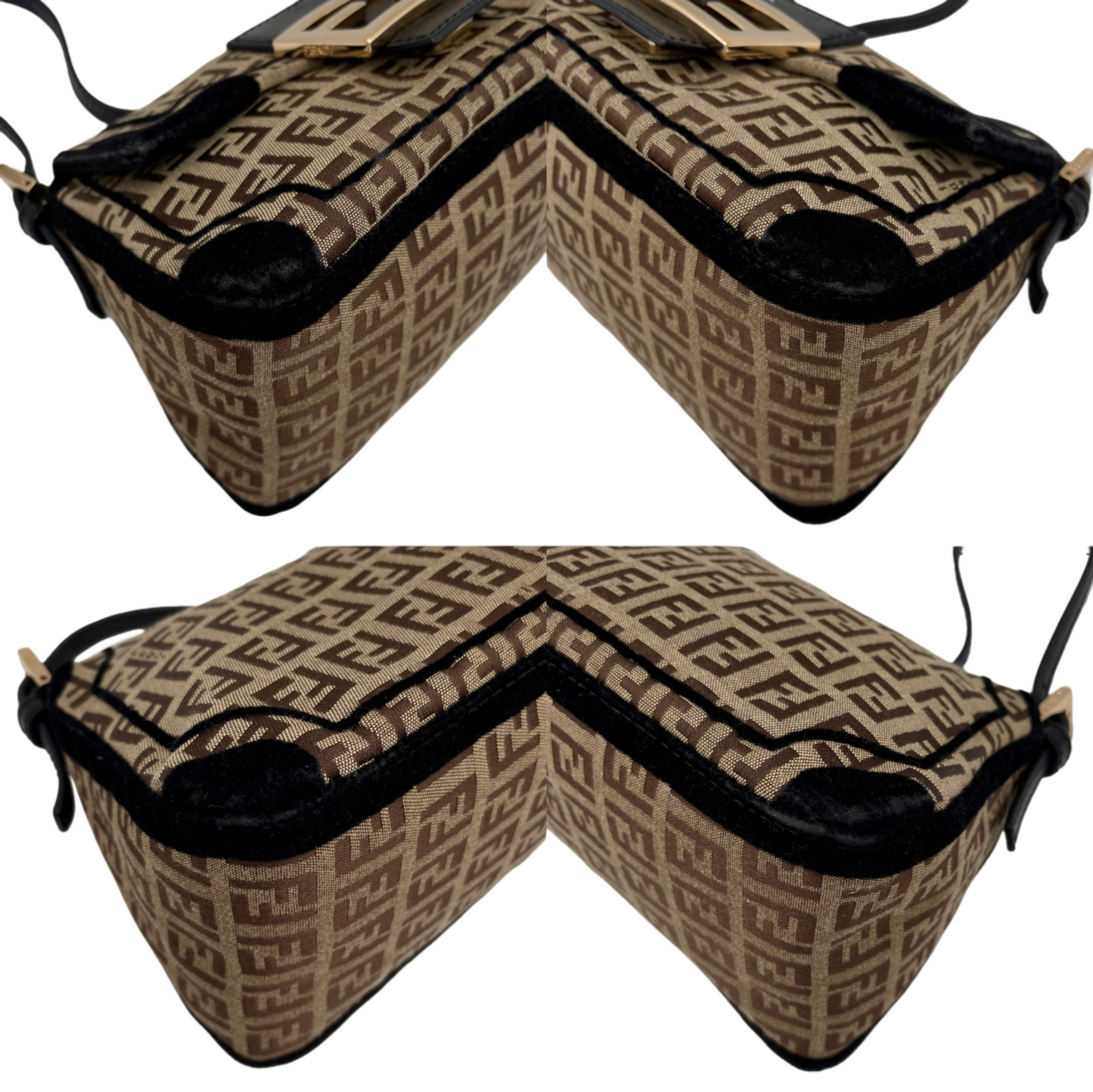 RARE☆☆☆☆FENDI Velvet Zucchino Canvas Mini Mamma Baguette Shoulder Bag Brown &amp; Gold