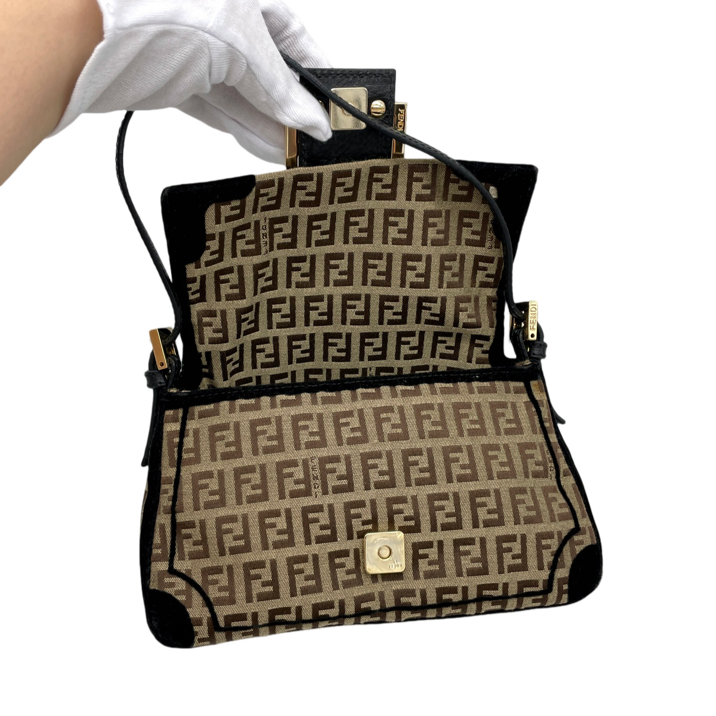 RARE☆☆☆☆FENDI Velvet Zucchino Canvas Mini Mamma Baguette Shoulder Bag Brown &amp; Gold