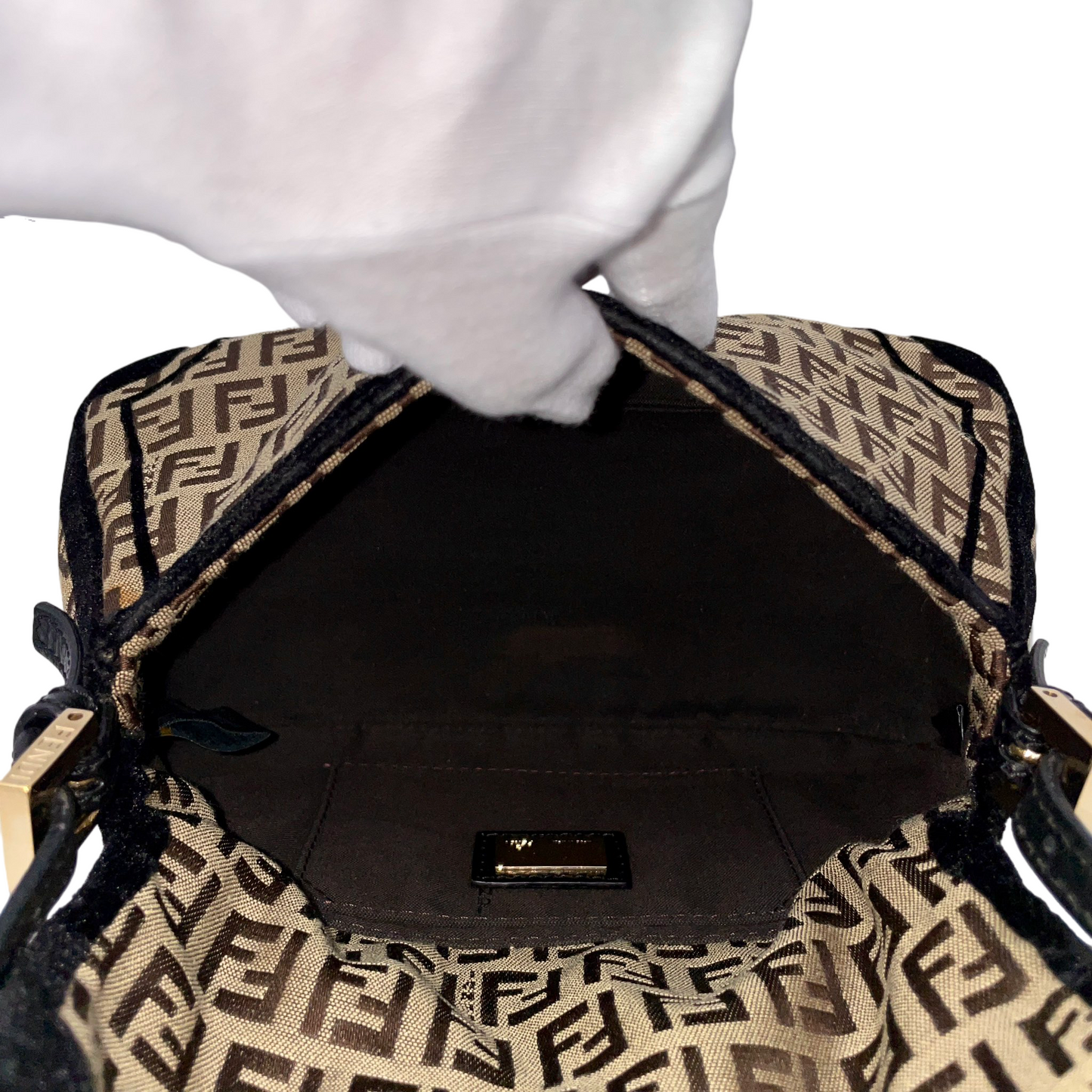 RARE☆☆☆☆FENDI Velvet Zucchino Canvas Mini Mamma Baguette Shoulder Bag Brown &amp; Gold