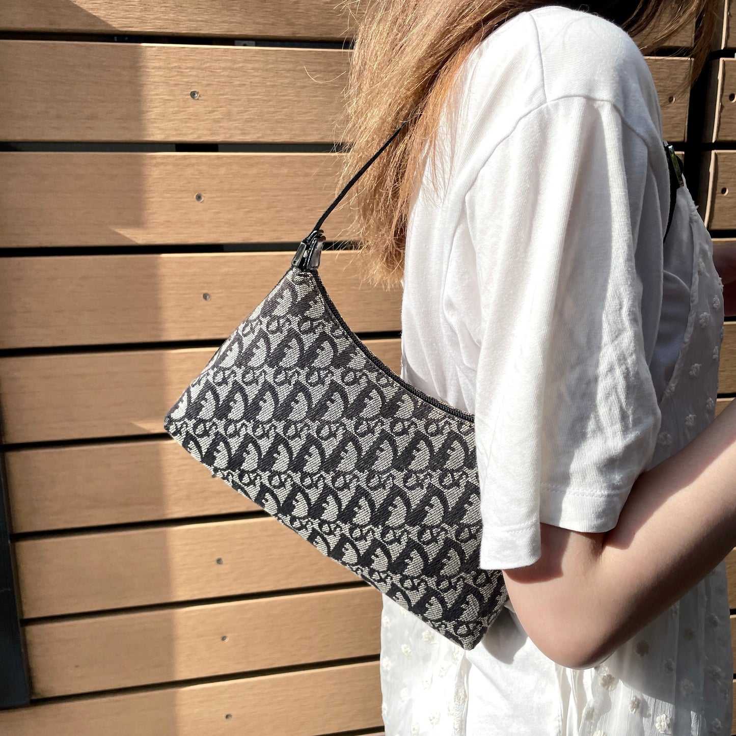 AUTHENTIC PRELOVED CHRISTIAN DIOR 2003 Trotter Canvas Accessories Pouch Hand Bag SHW Black &amp; Gray