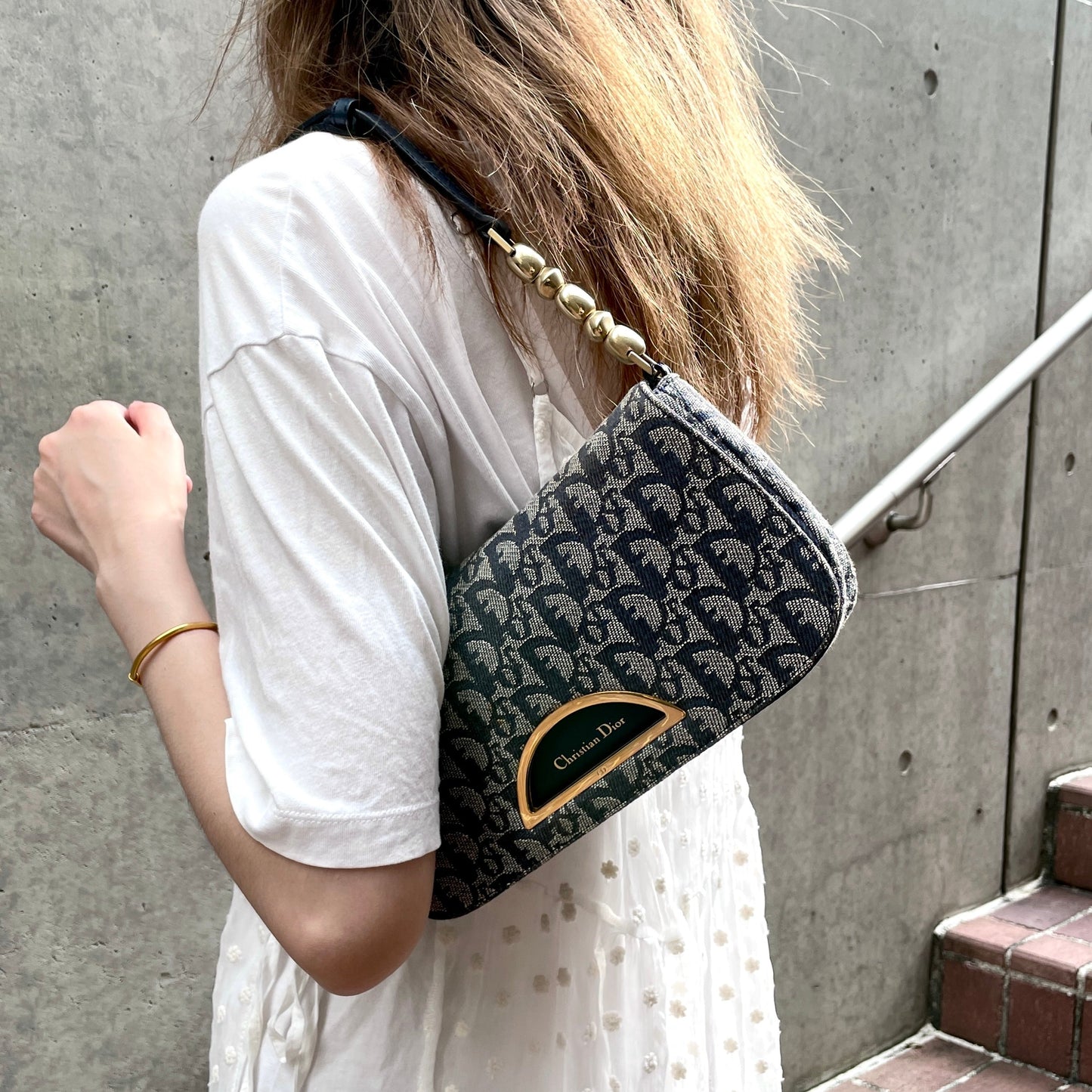 CHRISTIAN DIOR Trotter Canvas Malice Pearl Shoulder Bag Navy & Gold