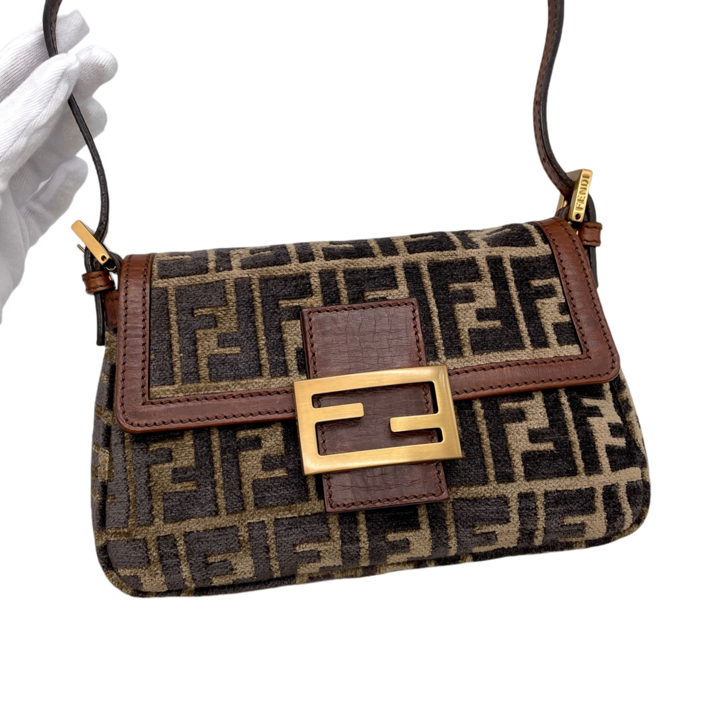 RARE☆☆☆☆FENDI Velvet Zucca Mini Mamma Baguette Shoulder Bag Brown &amp; Gold