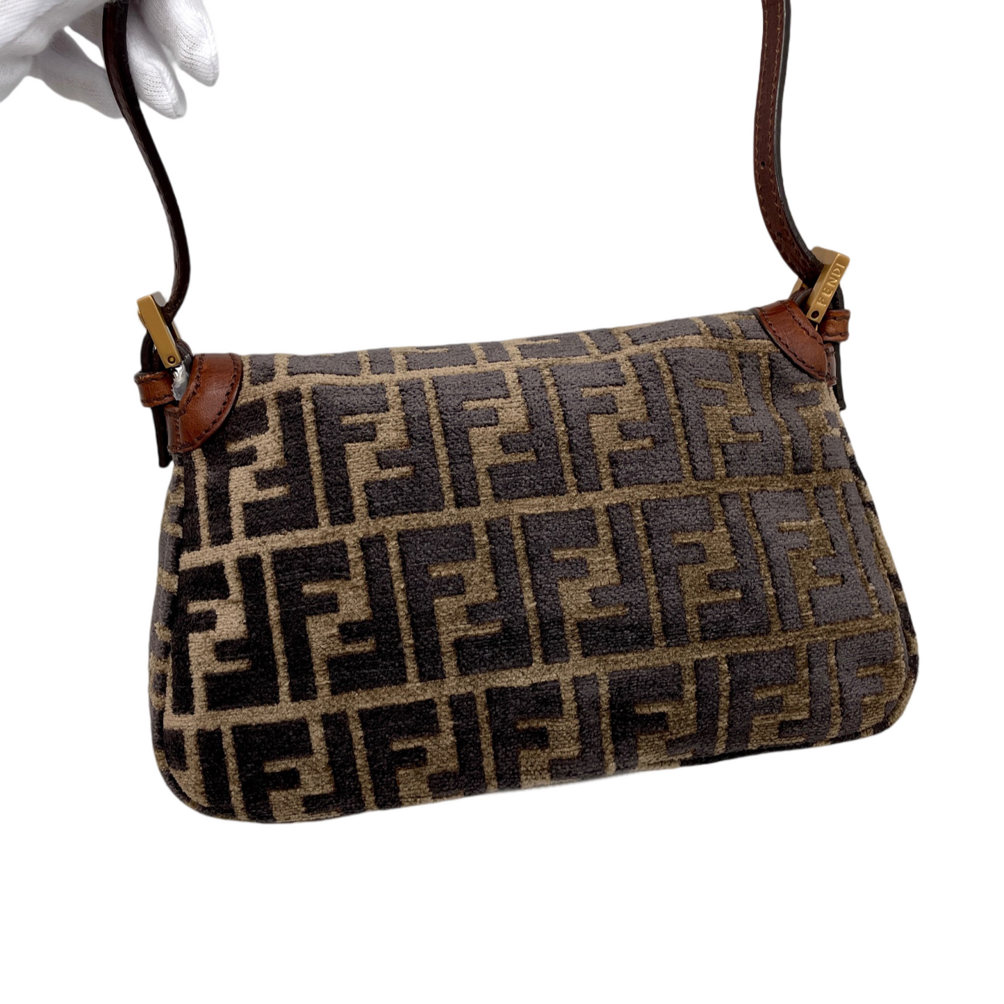 RARE☆☆☆☆FENDI Velvet Zucca Mini Mamma Baguette Shoulder Bag Brown &amp; Gold