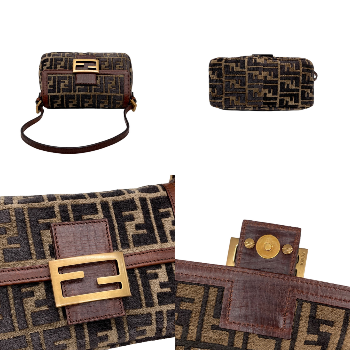 RARE☆☆☆☆FENDI Velvet Zucca Mini Mamma Baguette Shoulder Bag Brown &amp; Gold