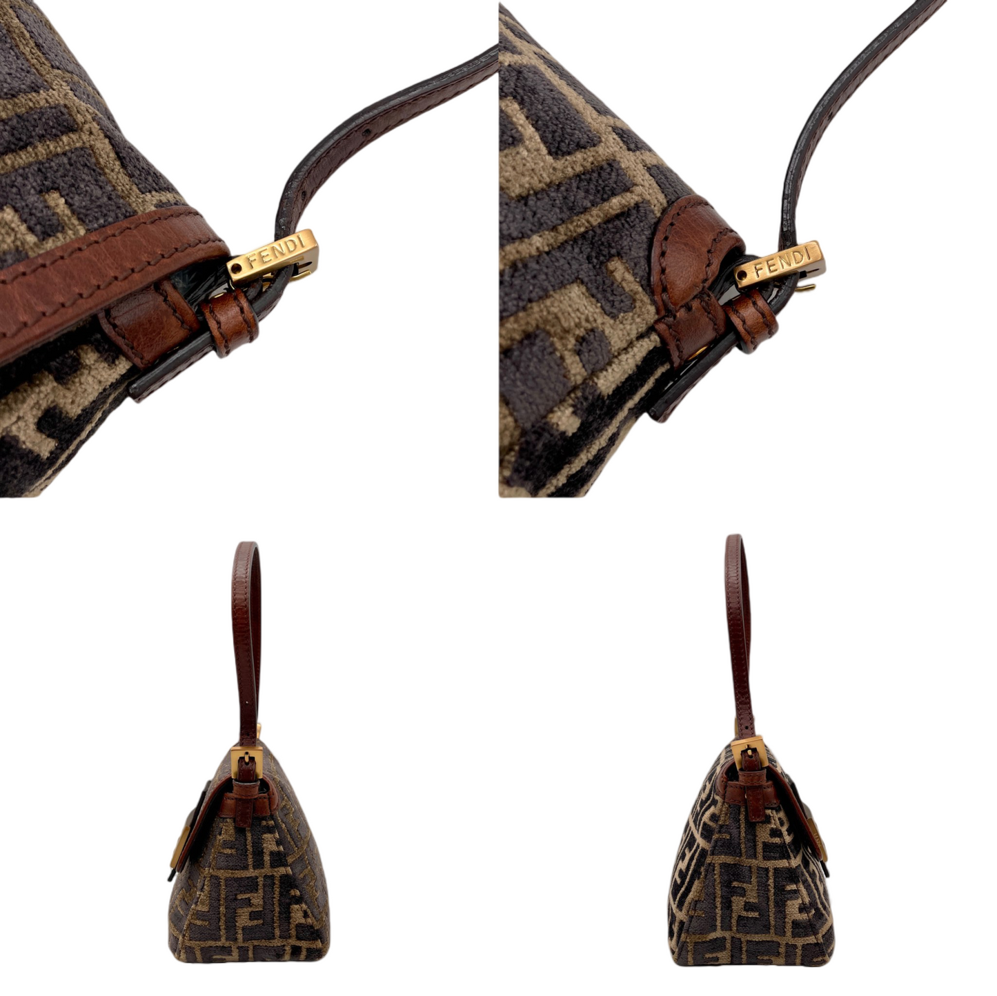 RARE☆☆☆☆FENDI Velvet Zucca Mini Mamma Baguette Shoulder Bag Brown &amp; Gold