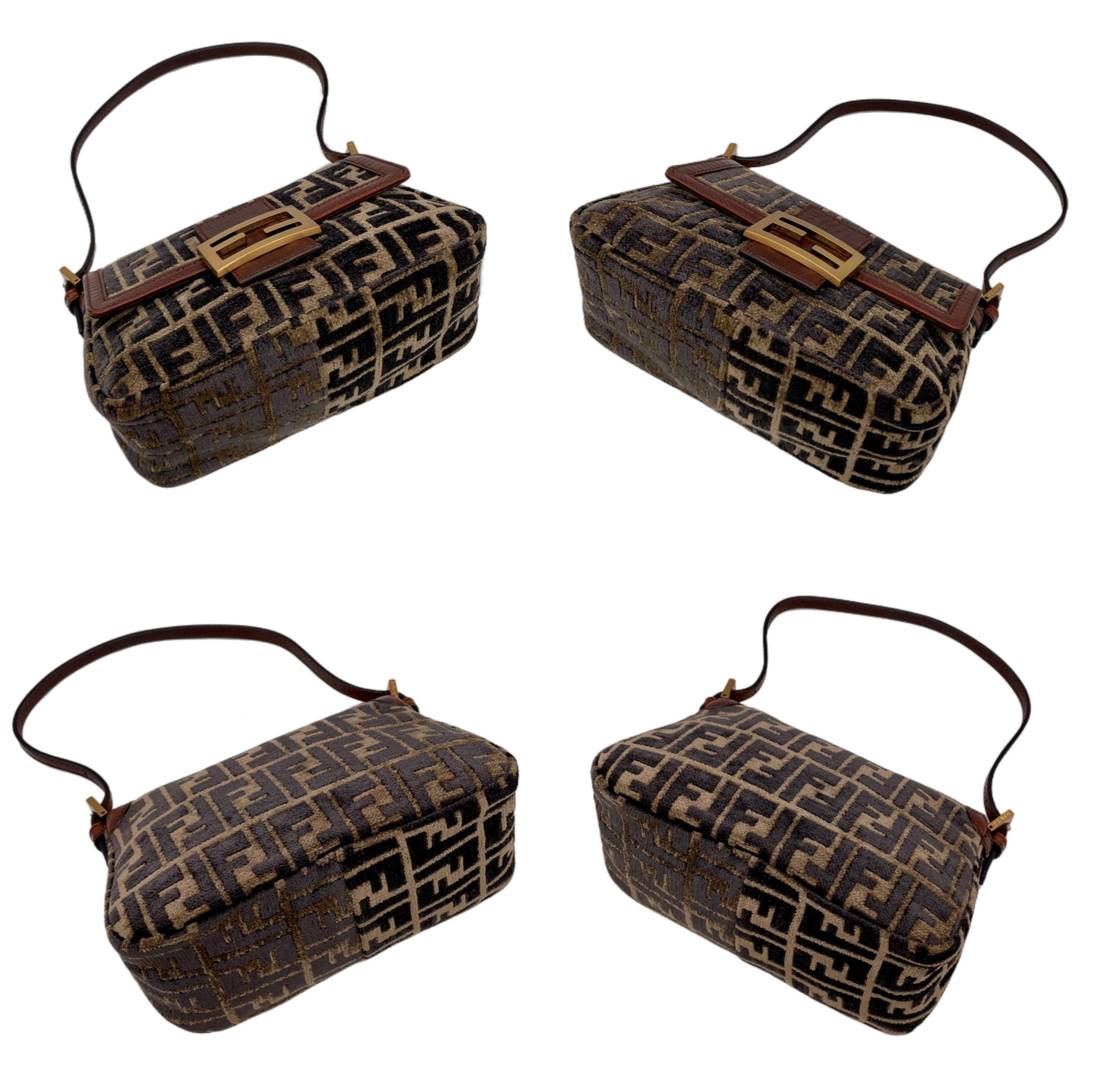 RARE☆☆☆☆FENDI Velvet Zucca Mini Mamma Baguette Shoulder Bag Brown &amp; Gold