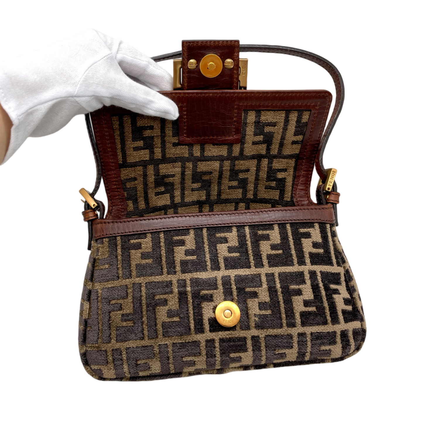 RARE☆☆☆☆FENDI Velvet Zucca Mini Mamma Baguette Shoulder Bag Brown &amp; Gold