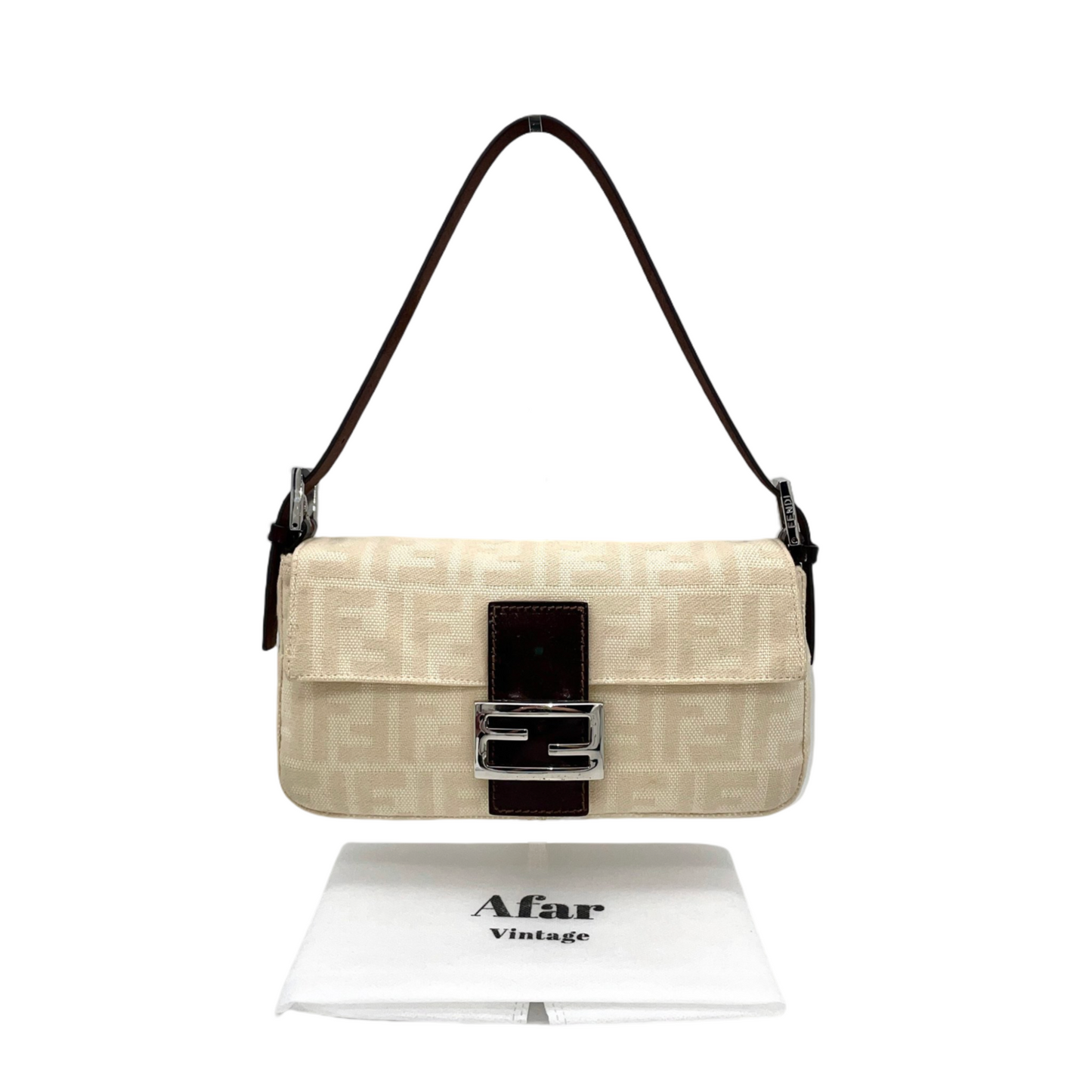 FENDI Zucca White Canvas Mamma Baguette PM Shoulder Bag White &amp; Silver