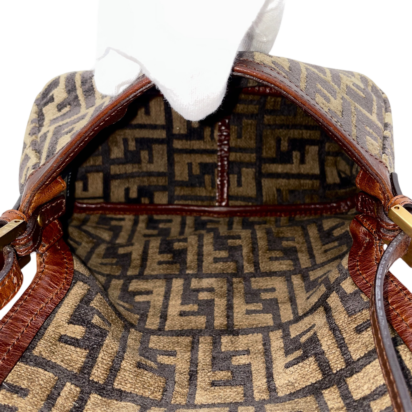 RARE☆☆☆☆FENDI Velvet Zucca Mini Mamma Baguette Shoulder Bag Brown &amp; Gold