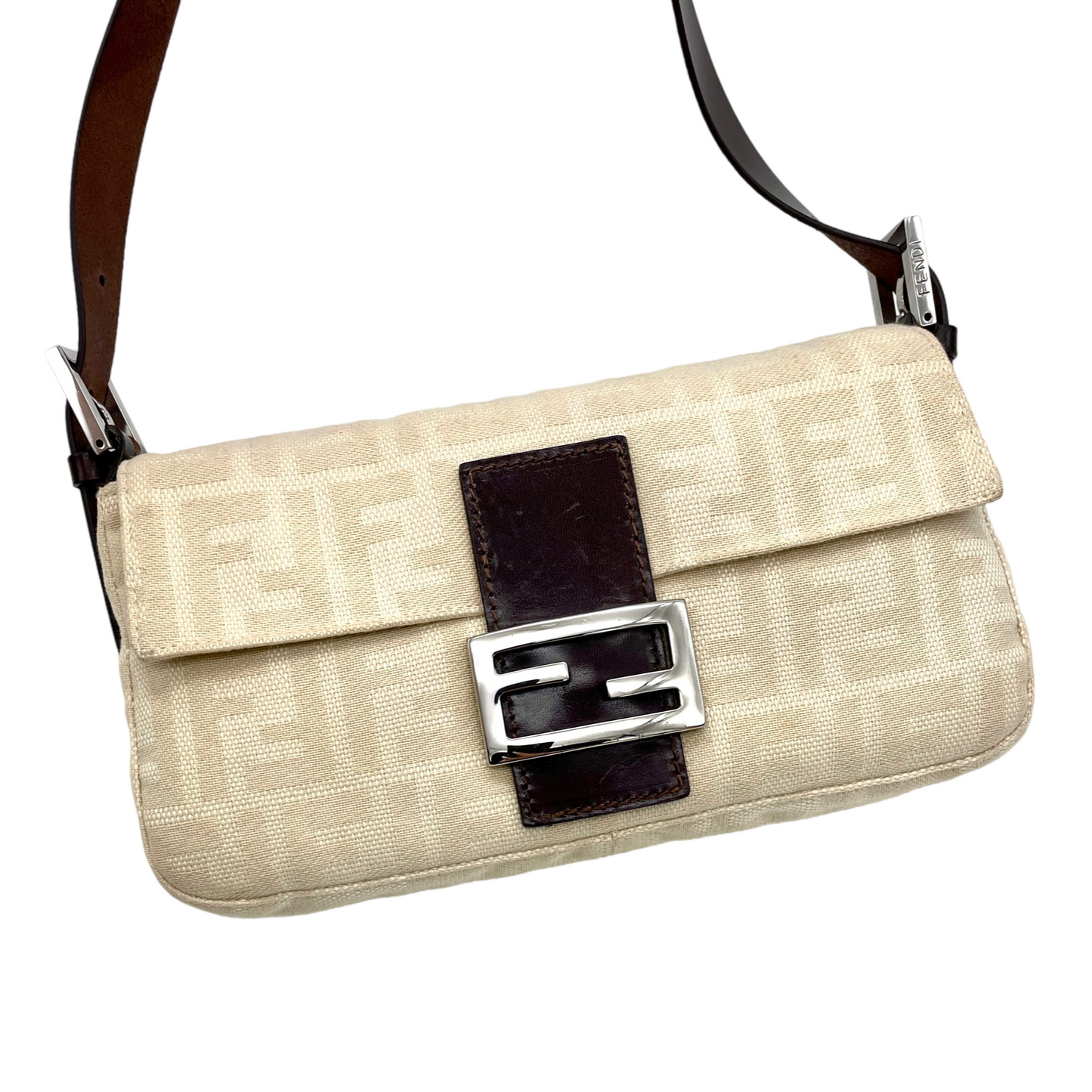 FENDI Zucca White Canvas Mamma Baguette PM Shoulder Bag White &amp; Silver