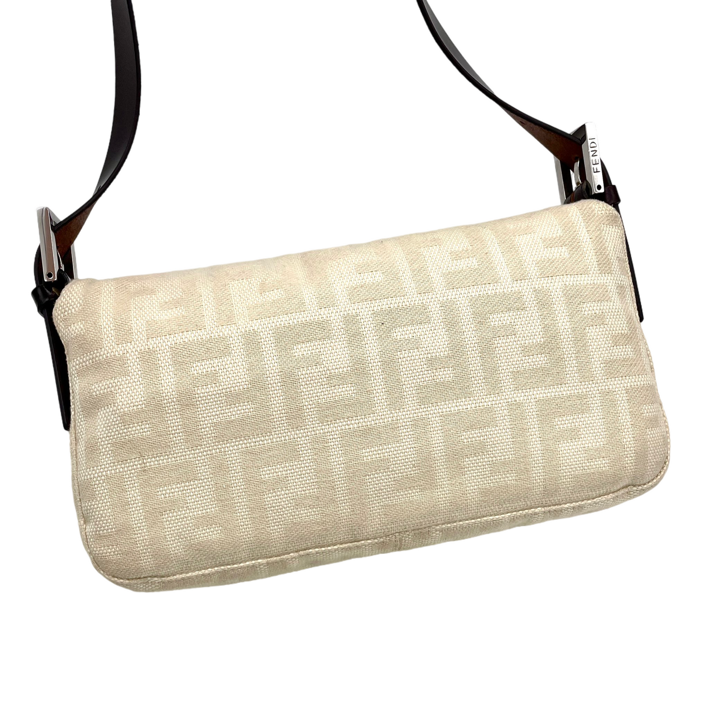 FENDI Zucca White Canvas Mamma Baguette PM Shoulder Bag White &amp; Silver