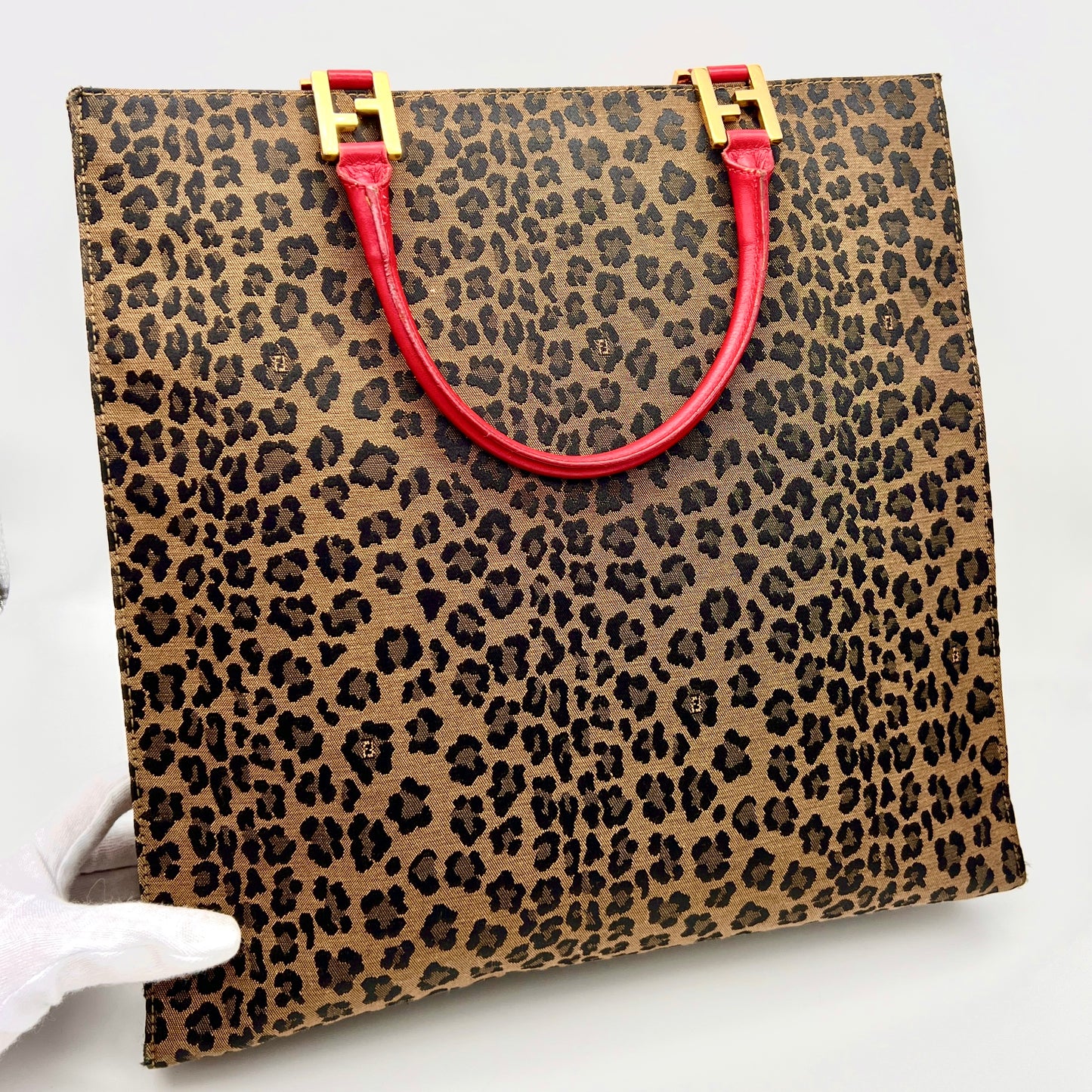 AUTH Pre-owned FENDI Leopard Print Tote Bag Brown x Red GHW