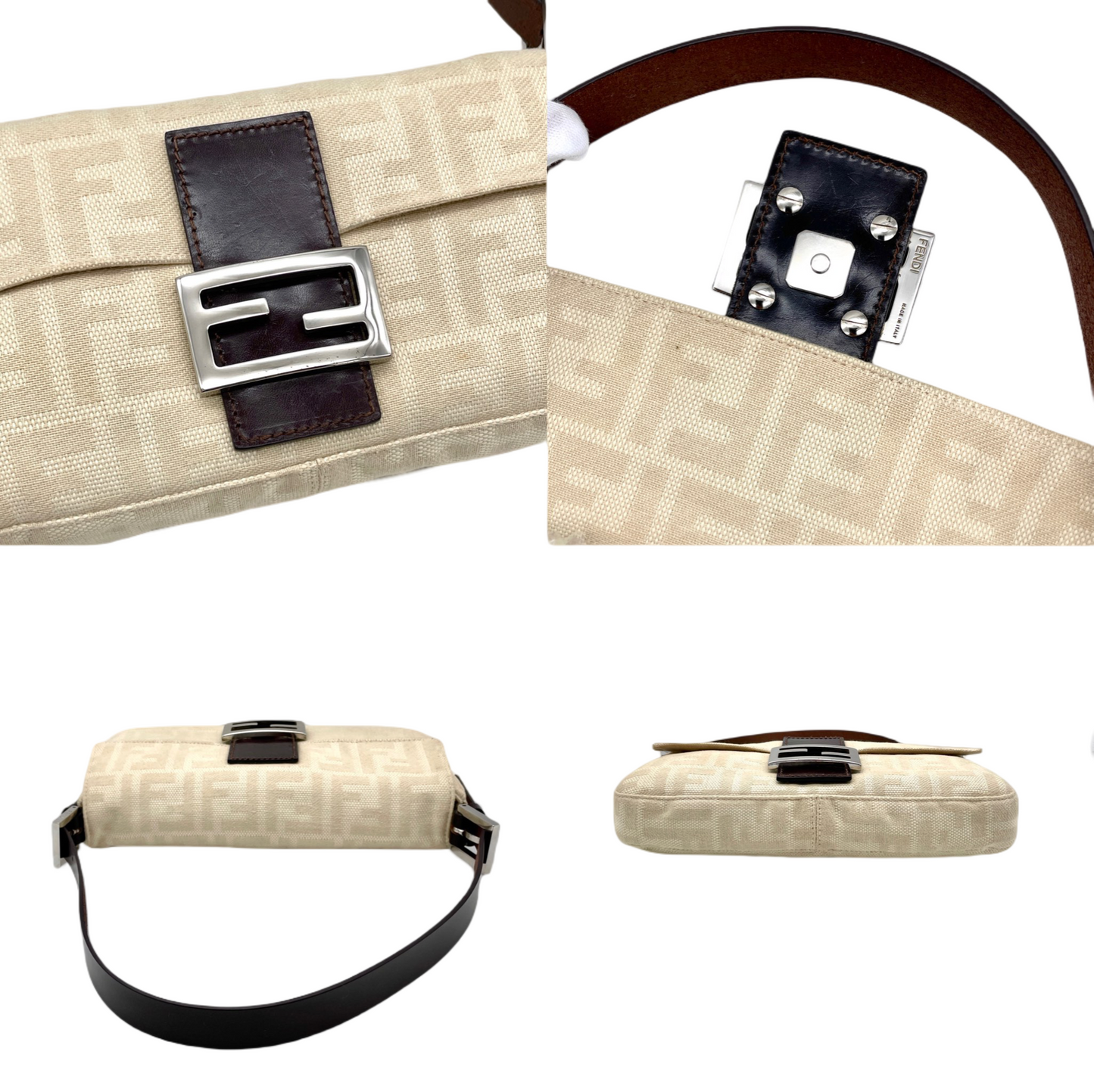 FENDI Zucca White Canvas Mamma Baguette PM Shoulder Bag White &amp; Silver