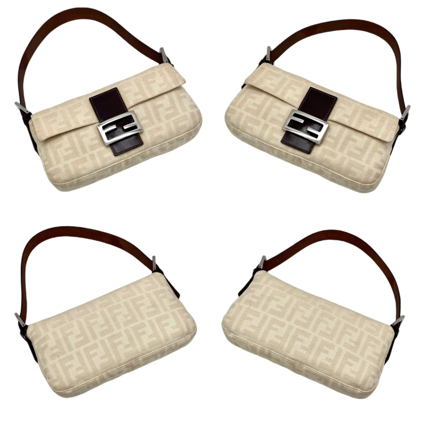 FENDI Zucca White Canvas Mamma Baguette PM Shoulder Bag White &amp; Silver