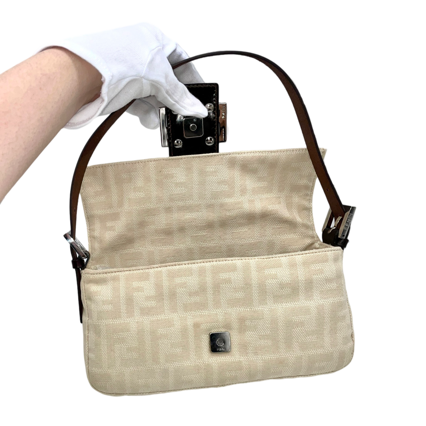 FENDI Zucca White Canvas Mamma Baguette PM Shoulder Bag White &amp; Silver