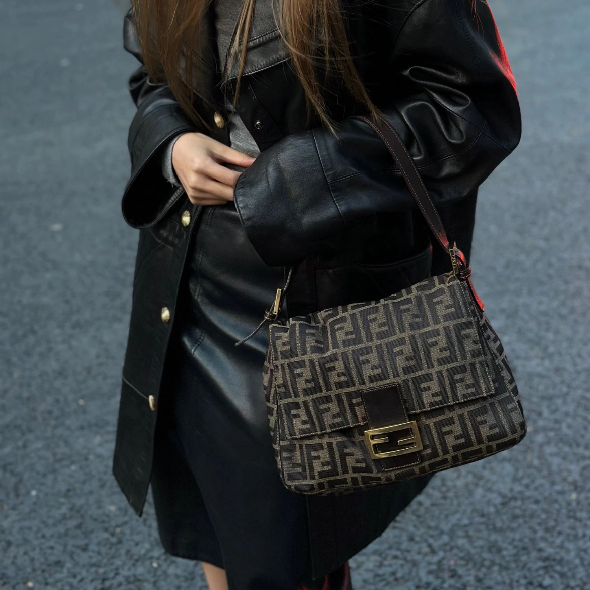 RARE☆☆☆FENDI Zucca Canvas Mamma Baguette GM Shoulder Bag Brown &amp; Gold