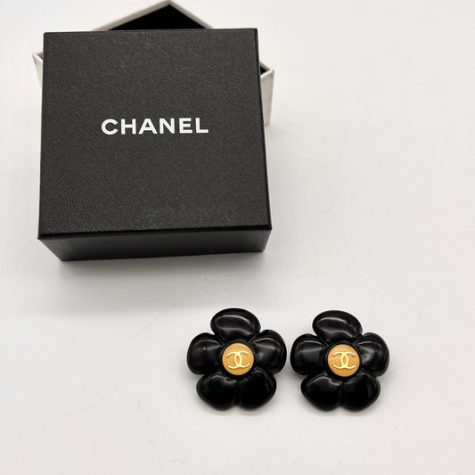 RARE☆☆☆☆CHANEL 山茶花线花卉图案可可标记耳环黑色 x 金色 Do