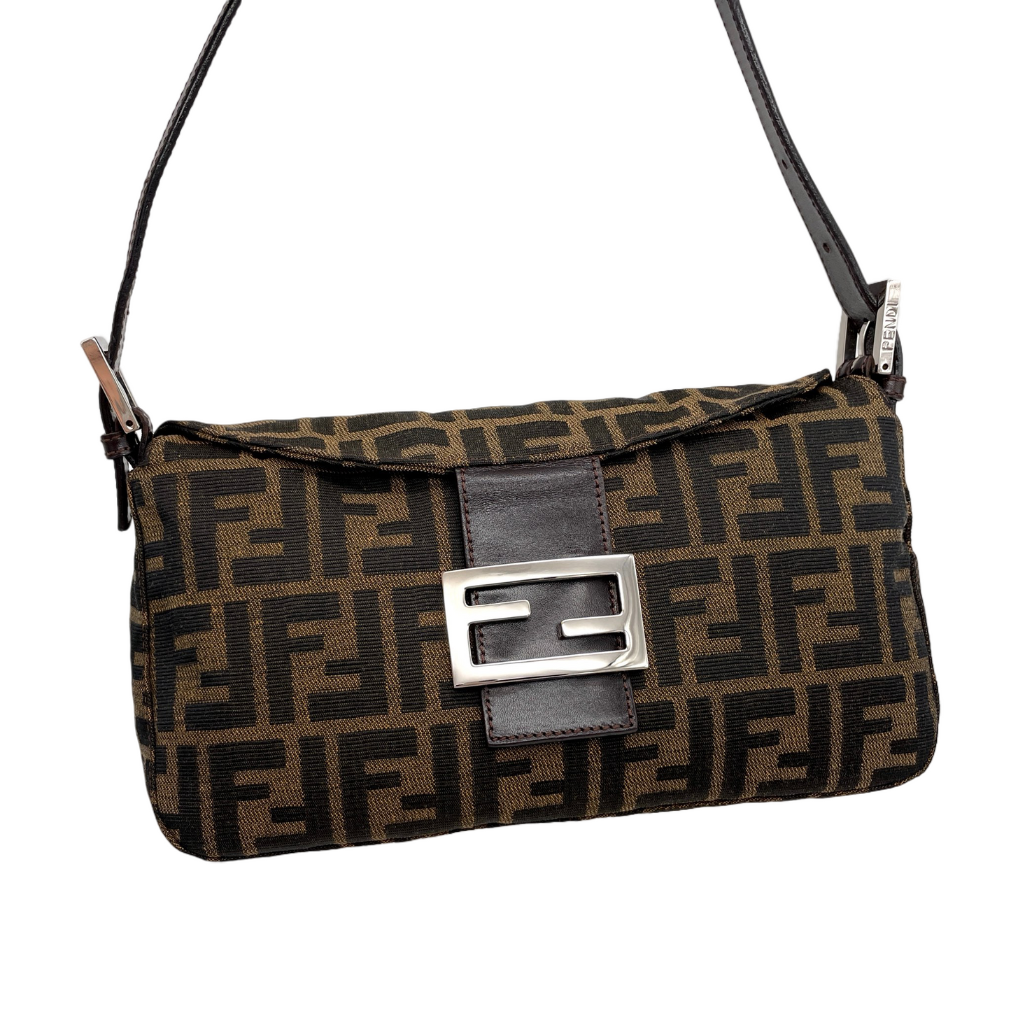 FENDI Zucca Double Round Flap Mamma Baguette Shoulder Bag PM Brown &amp; Silver