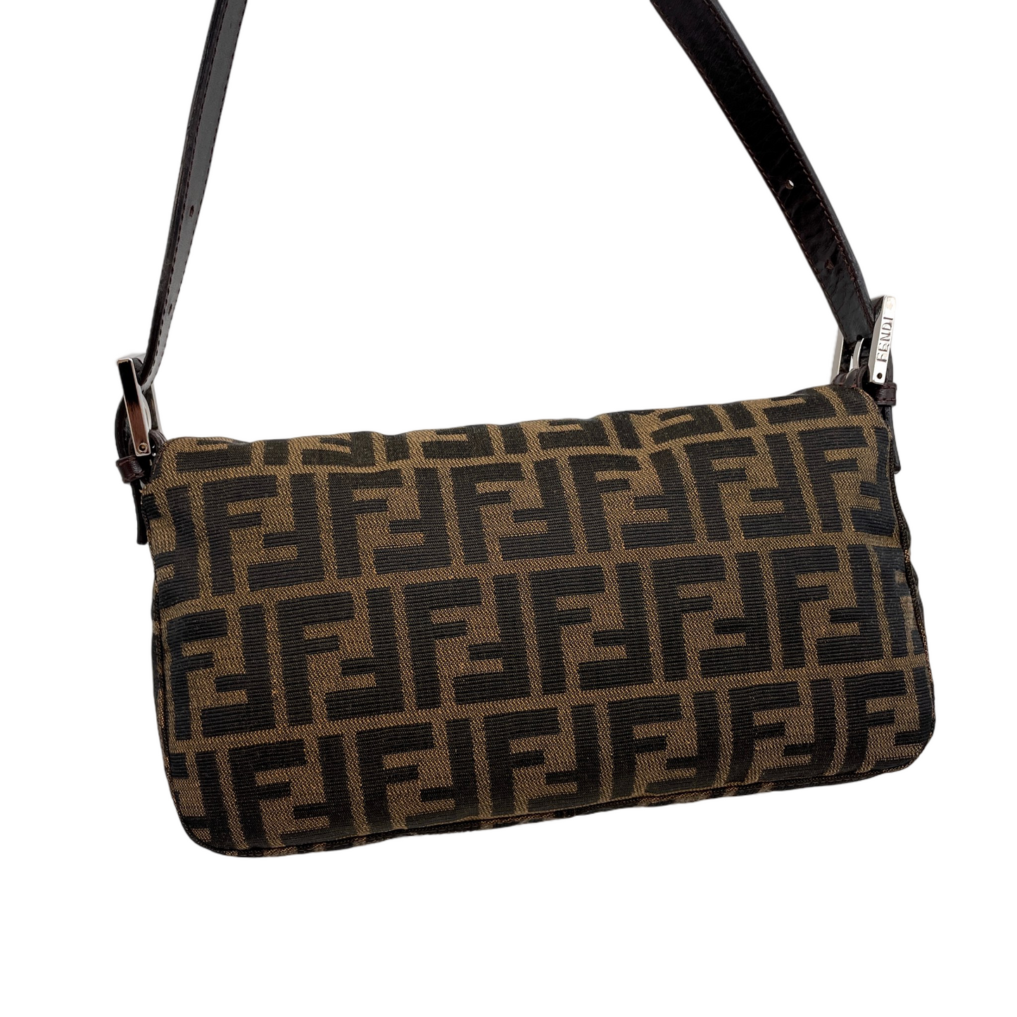 FENDI Zucca Double Round Flap Mamma Baguette Shoulder Bag PM Brown &amp; Silver