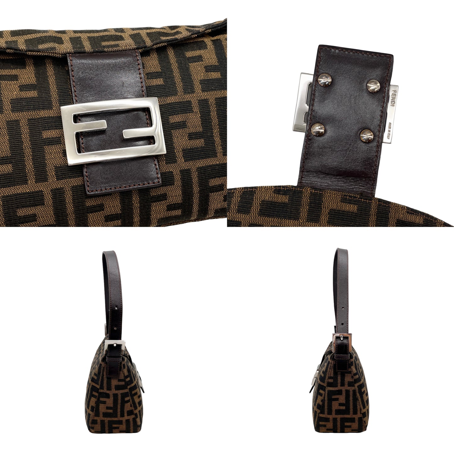 FENDI Zucca Double Round Flap Mamma Baguette Shoulder Bag PM Brown &amp; Silver