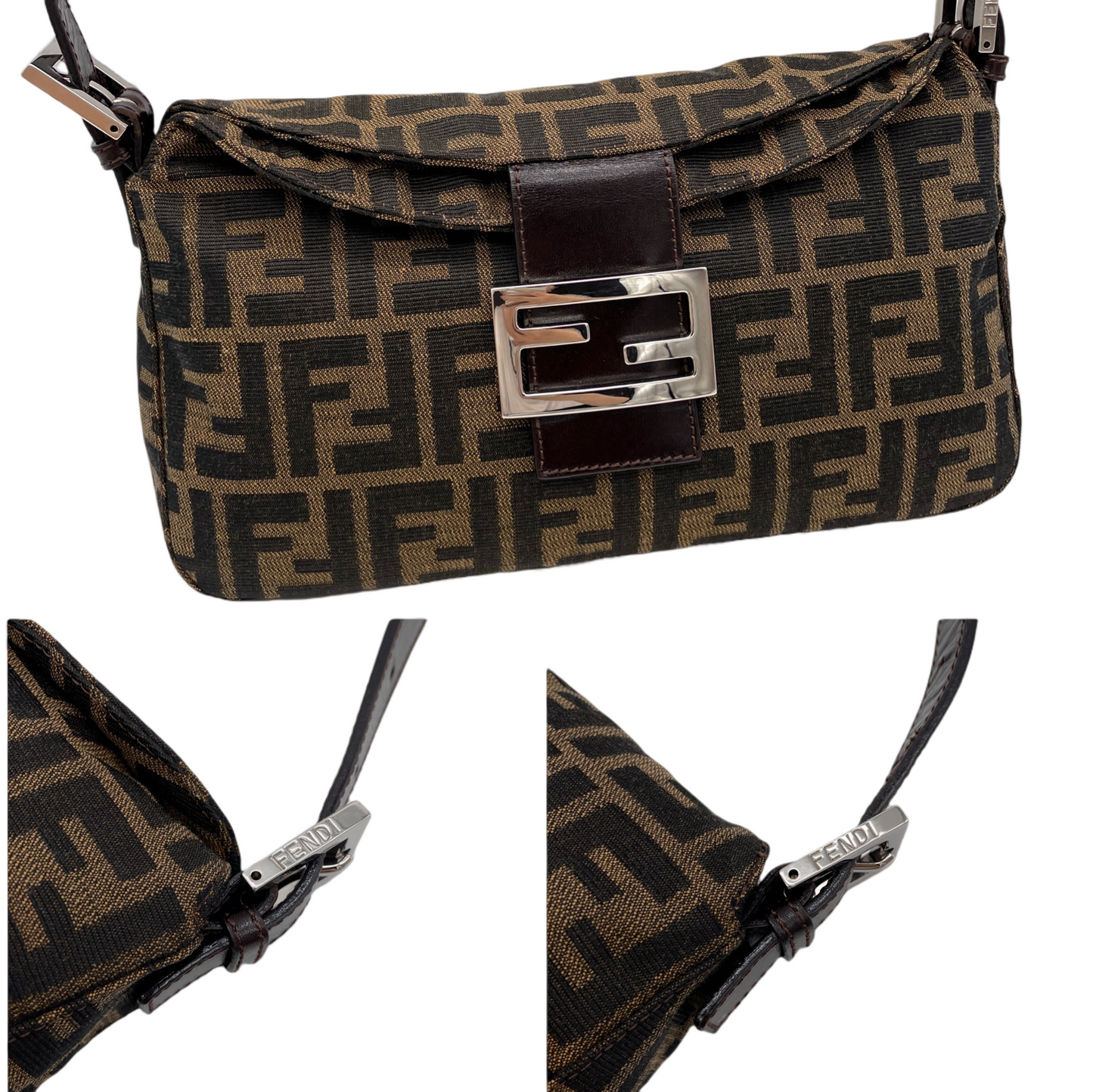FENDI Zucca Double Round Flap Mamma Baguette Shoulder Bag PM Brown &amp; Silver